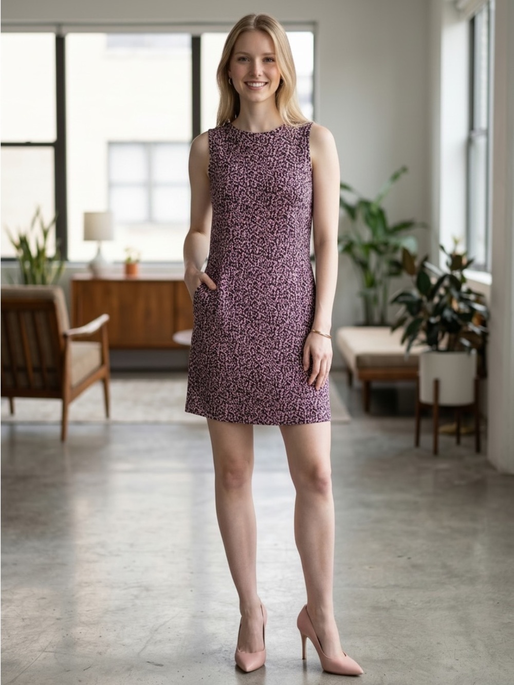 Sleeveless Midi Shift Dress in Pink and Black Abstract Print